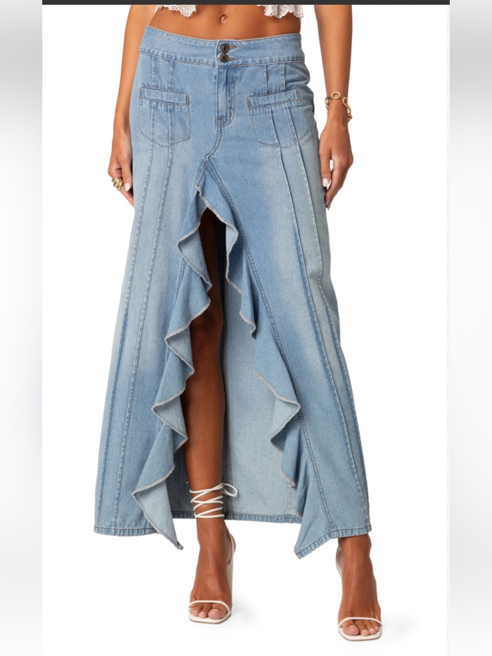 Edikted Valencia Ruffle front slit Denim Maxi Skirt